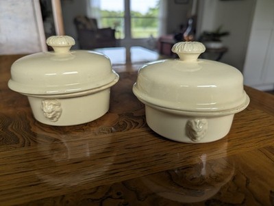 Antique French Simplex Fois Gras Terrine Lidded Pate Dishes Lion Head Set Of 2