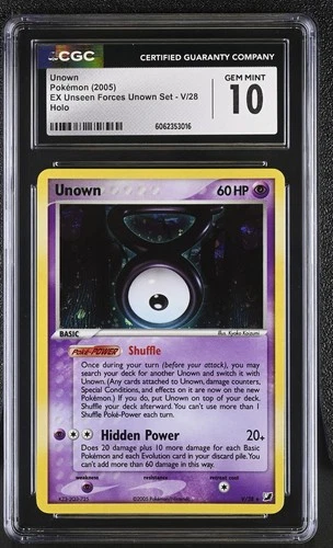 CGC 10 GEM MINT Unown 2005 EX Unseen Forces Unown Set V/28 Holo Pokemon Card