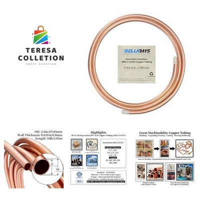 Copper Tubing 3/4'' OD x 0.687'' x 10 ft, 99.9% C12200 ASTM B280 Refrigeration ...