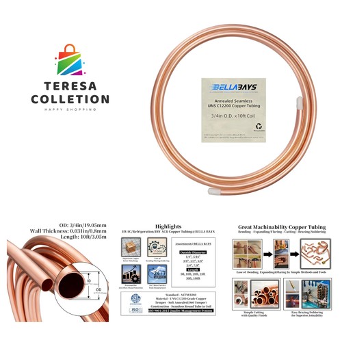 Copper Tubing 3/4" OD x 0.687" x 10 ft, 99.9% C12200 ASTM B280 Refrigeration ...