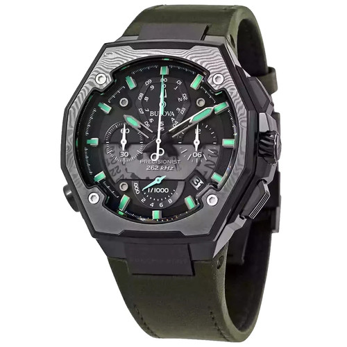 BULOVA PRECISIONIST CHRONOGRAPH 98B355 BLACK DIAL GREEN LEATHER STRAP MENS WATCH