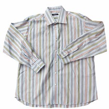 VTG Burberry London Striped Button Down Dress Shirt Tan Blue Made in USA 16.5/34