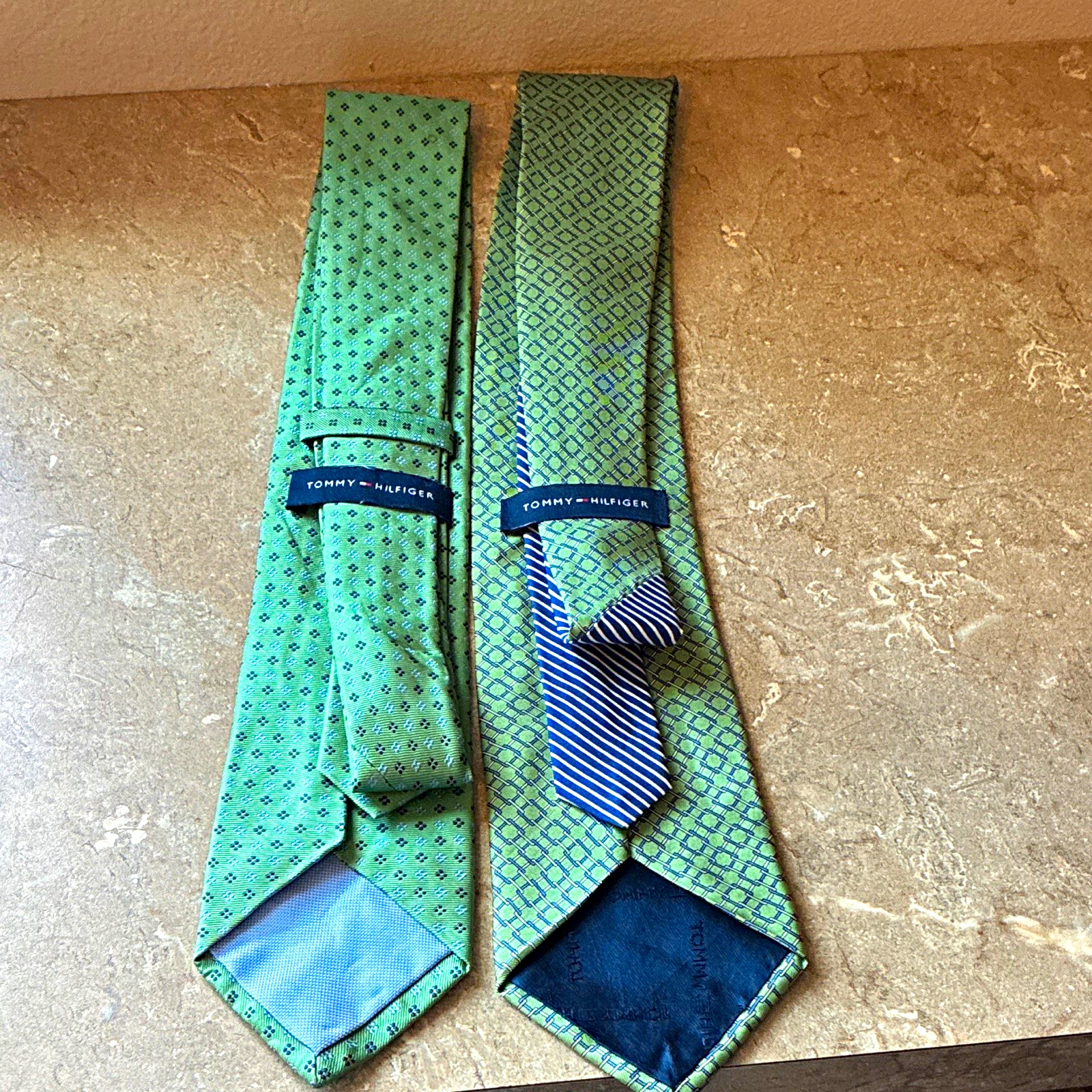 Tommy Hilfiger Lot of 2 Men's Silk Self-Tie Green/Blue Geometric Logo image 1