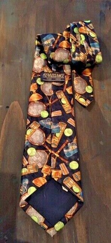 Renaissance Tie Men's Tennis Theme Black Shoes Balls Rackets Trophy Vintage Nice - Picture 3 of 3