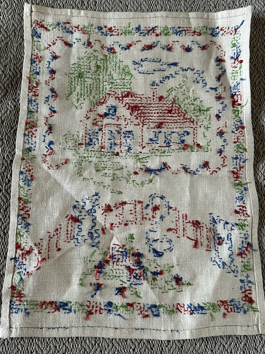 Antique Fantastic Cotton 100 % Linen Art Embroidered Fabric VTG 9