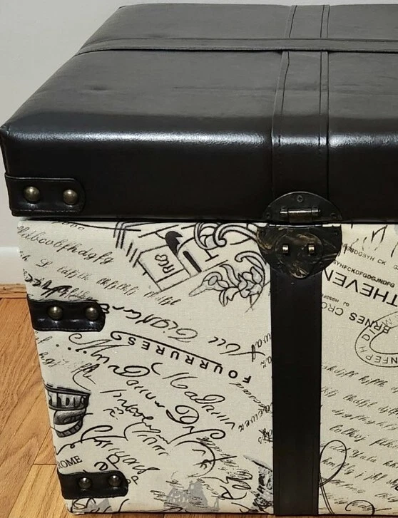 Faux Leather Ottoman Storage Cube Script Upholstered w/ Nail Heads Read Detail - Image 2 of 4