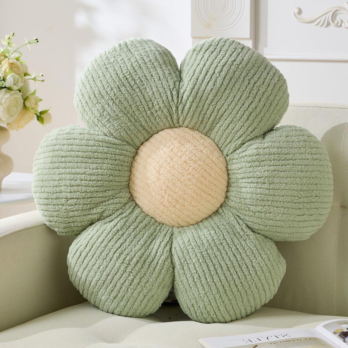 Green Flower Pillow, Cute Daisy Pillow Flower Shaped Cushion