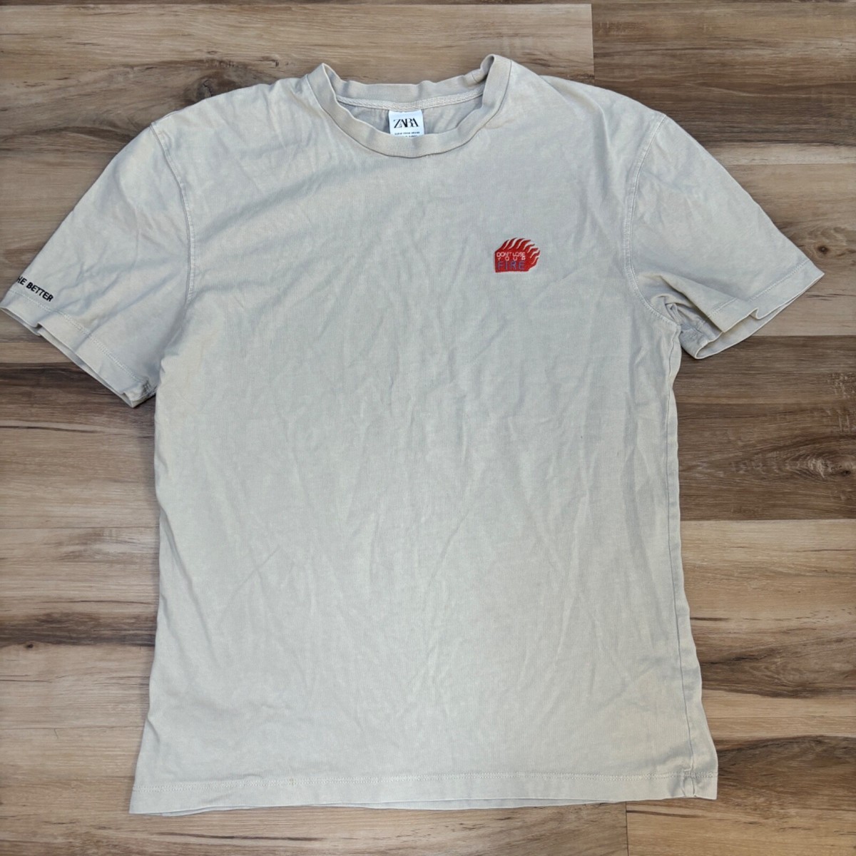 ZARA T Shirt Mens Medium Crew Neck Tonal Don't lose your fire