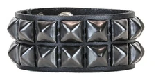 Black Pyramid Stud Leather Punk Goth Club Rockabilly 2 Row Bracelet