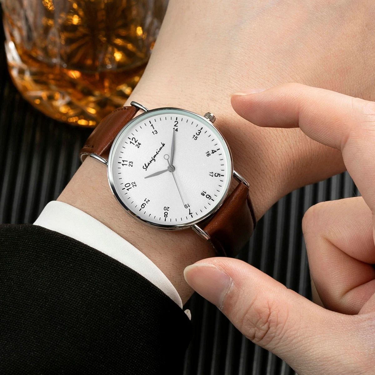 Men s Stainless Steel Quartz Watch With Leather Strap Mens Watches
