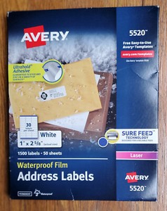 Avery 5520 Weatherproof Addess Labels, TrueBlock Laser White 1 x 2 5/8 1500/Pack