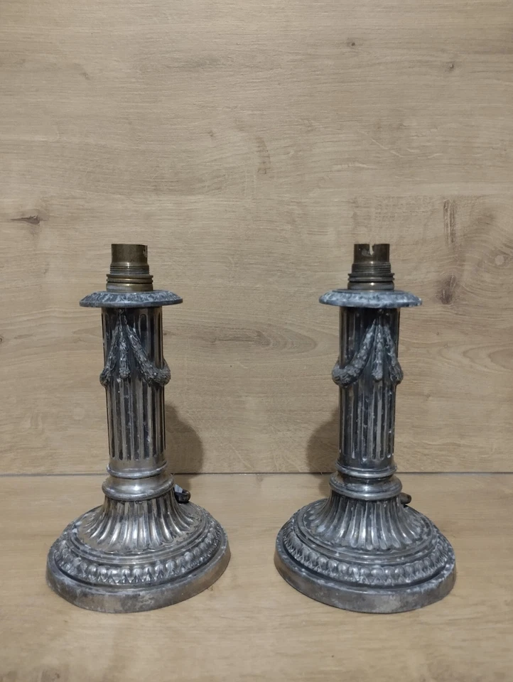 Pied de lampe de chevet Style Louis XVI - Laiton et Métal Argenté- H 16 cm - Photo 2/4