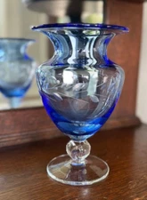Etched Glass Heavy Vase Cobalt Blue Clear Round Ball Clear Stem Pedestal by FTD