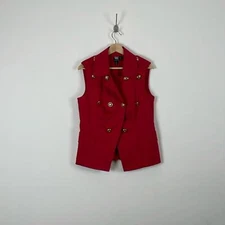 W By Worth Womens 10 Sleeveless Button Down 2 Pocket Preppy Red Gold Button Vest