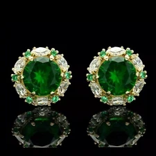 3Ct Lab Created Green Emerald & Diamond Halo Stud Earring 14K Yellow Gold Over