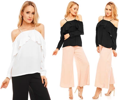 Damen Top Langarm Bluse Hemd Langarmshirt  Ärmel Schulterfreies Oberteil EP15448 - Bild 1 von 4