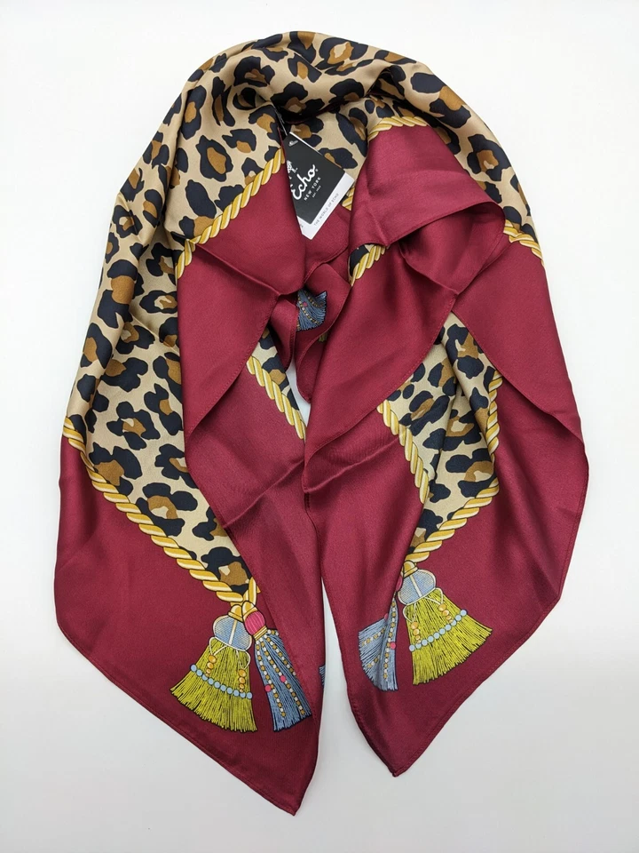 ECHO Cheetah print 100% silk women's square scarf - RED/ GOLD ~ - Image 2 of 4