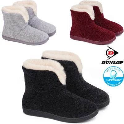 LADIES SLIPPERS WOMEN DUNLOP MEMORY FOAM FUR THERMAL ANKLE BOOTS WARM SHOES SIZE