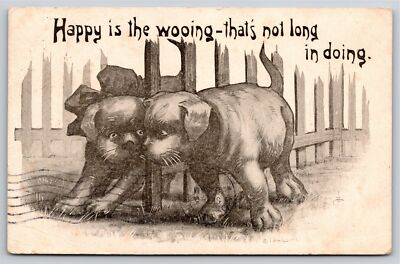 Comic~Happy Is The Wooing~Puppies @ Fence Gate~B&W~Postmarked~Vintage Postcard