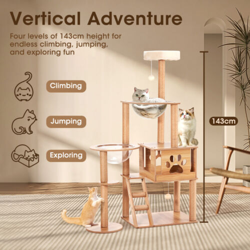 Petzly Wooden Cat Tree Tower Scratching Post Scratcher Condo House Bed 143/150cm - Picture 3 of 26