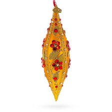 Gold and Red Floral Jeweled Elongated Pointed Teardrop Finial Glass Ornament