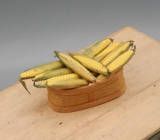 Vintage OOAK Basket Of Hand Sculpted Corn Artisan Dollhouse Miniature 1:12
