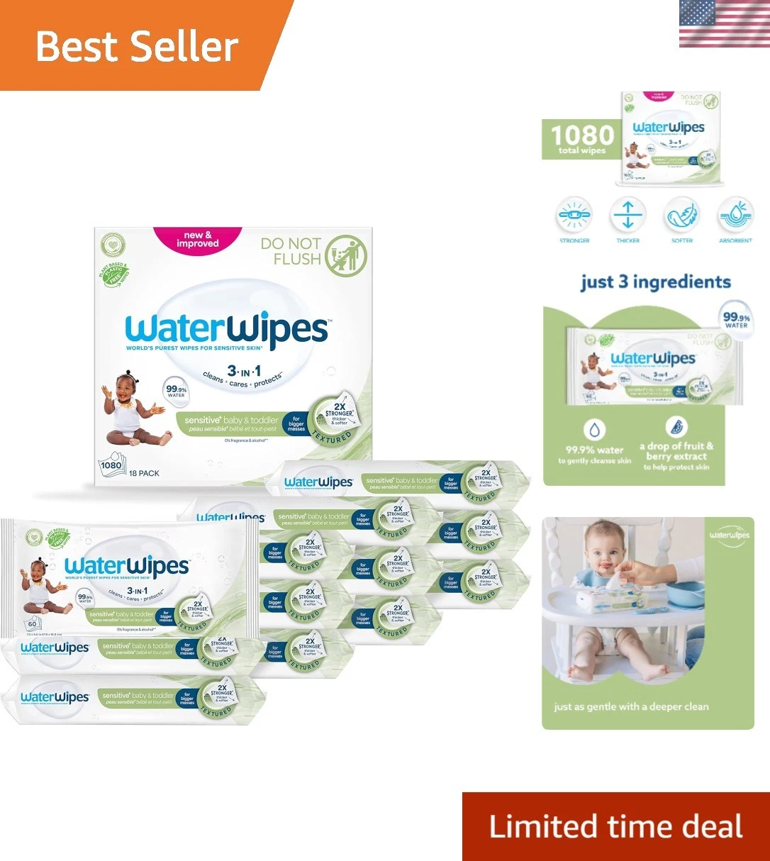 Sensitive+ Unscented Wipes for Babies - Thicker, Softer & Stronger, Pack of 18