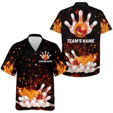 Flame Hawaiian Bowling Shirt Personalized Team Bowlers Jersey Short Sleeve Butto