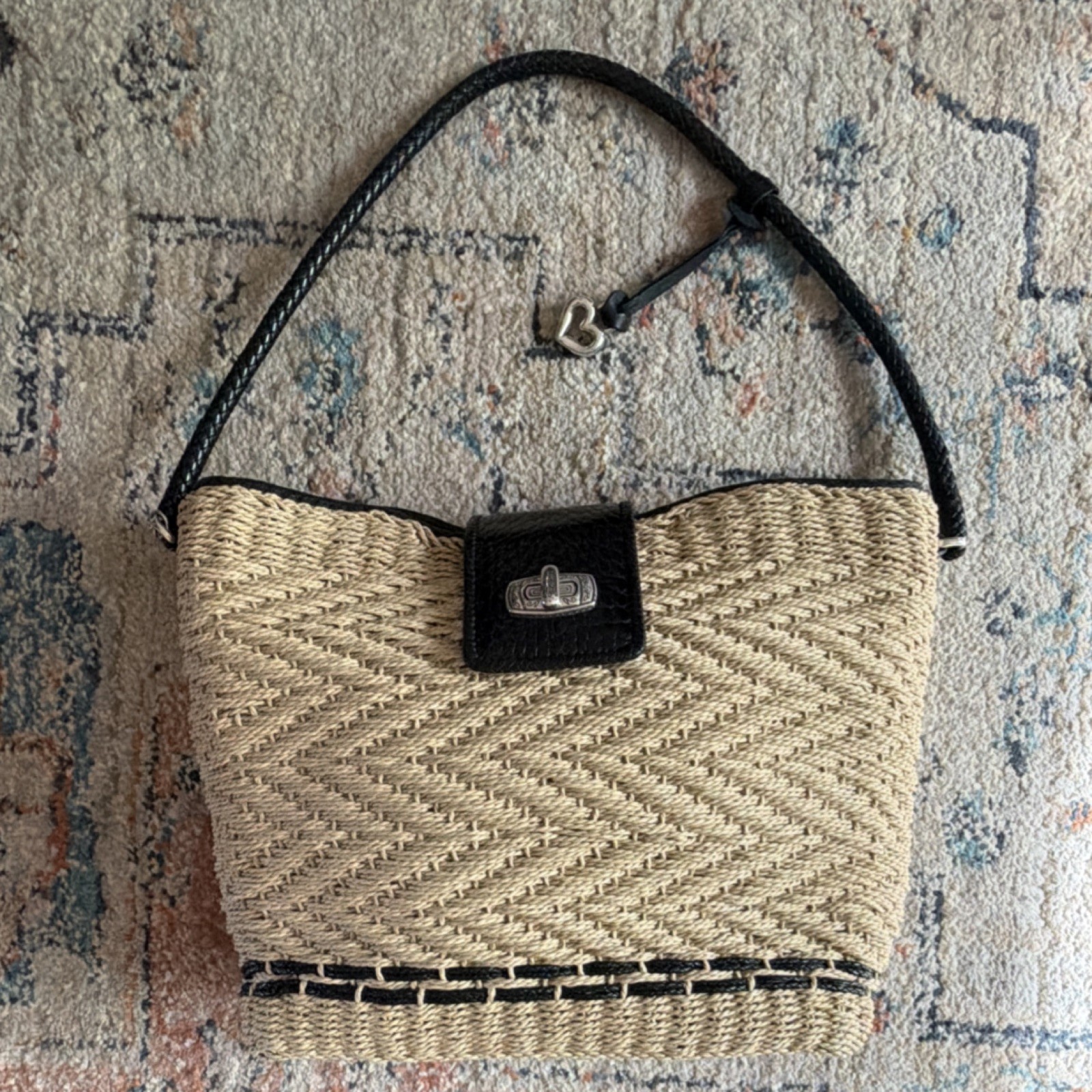Brighton Woven Shoulder Bag Beige/Black Heart Charm Magnetic Closure Pockets