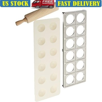 3 Piece Ravioli Maker Set Manual Kitchen Tool W/ Rolling Pin Recipes 12 Ravioli