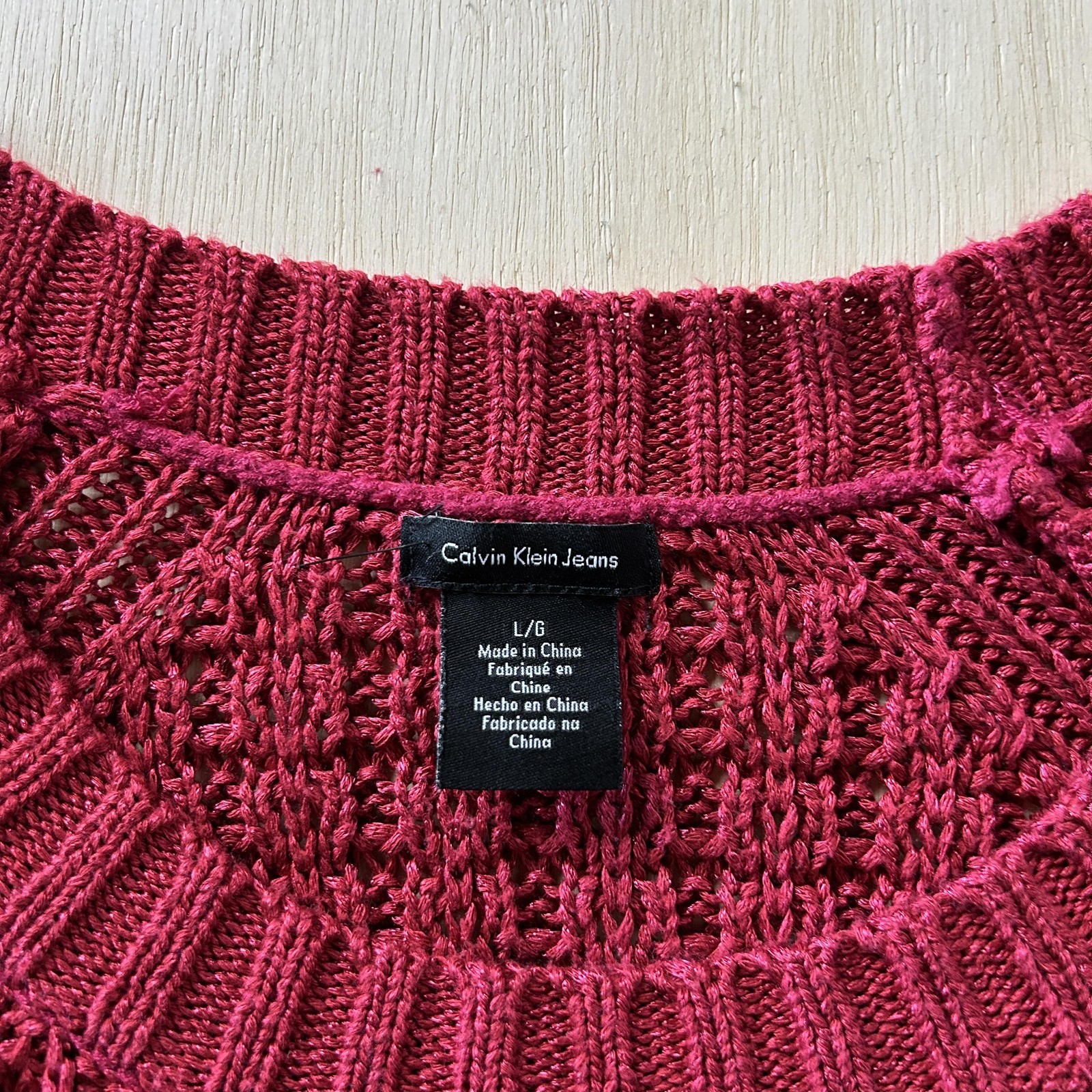 Calvin Klein Jeans Sweater Womens Large Red Open Knit Raglan Crew Pullover thumbnail 3