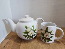 White Ceramic 4 Cup Teapot with Magnolia Design and Matching Mug