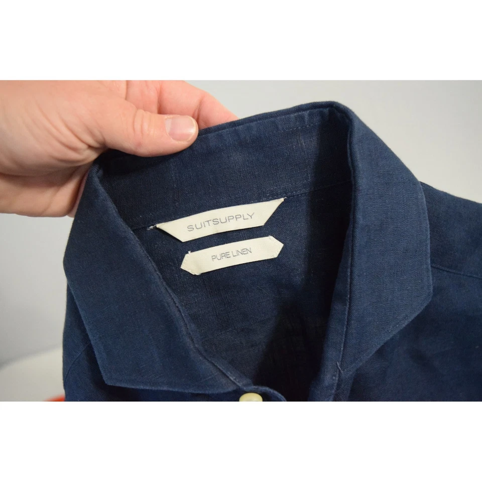 Camisa de vestir ajustada SUITSUPPLY para hombre azul marino de lino puro talla 15 38 Foto 4 de 4
