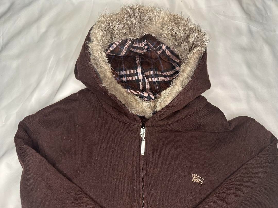 Burberry Black Label Zip Hoodie Parka Logo Check Dark Brown