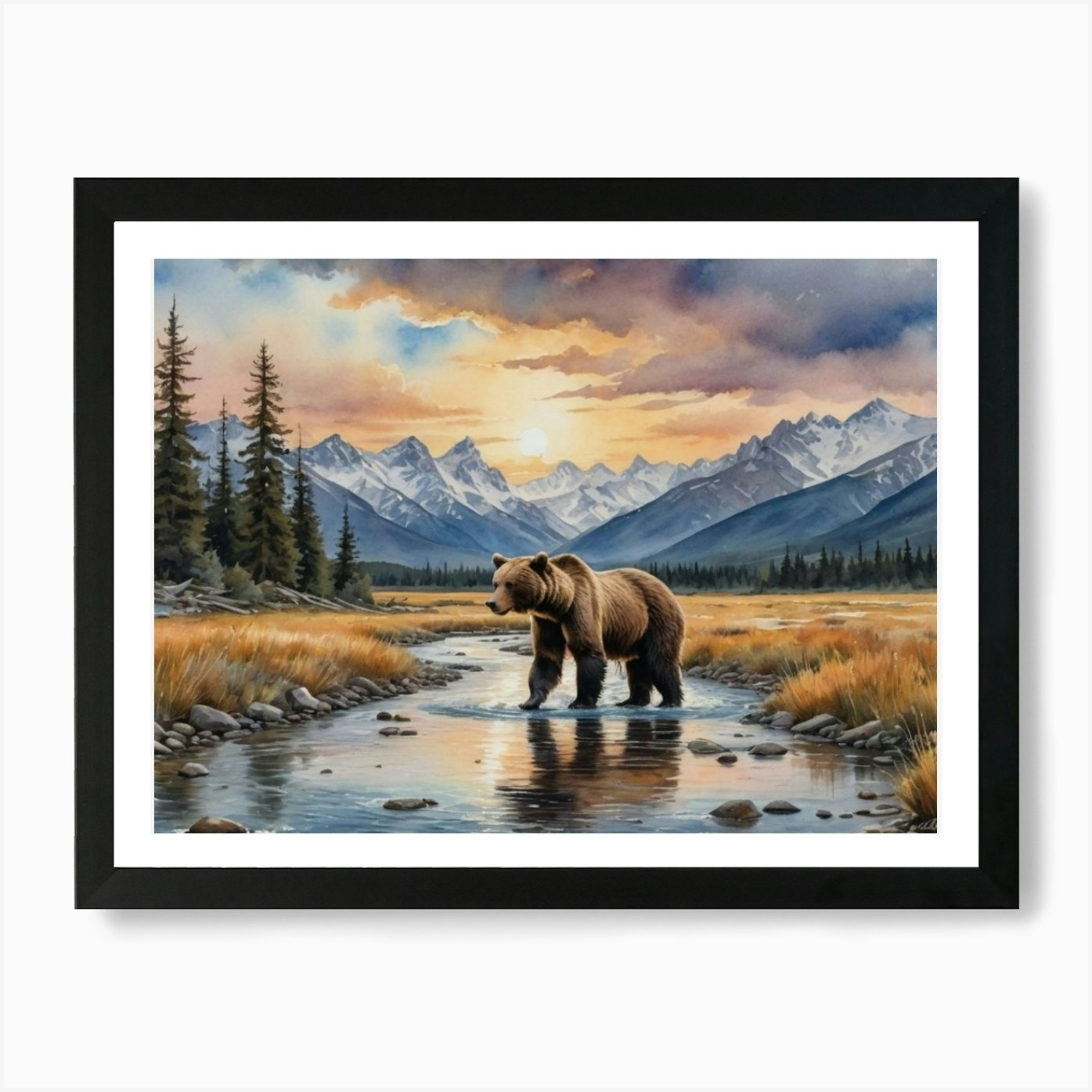 Grizzly Bear River Framed Art Print Canvas Wall Decor Picture  