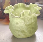 vintage Fenton Art Glass poppy flower vase in a ruffled, frosted green finish