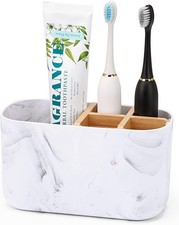 Toothbrush Holder Bamboo Marble 5 Slot Organizer for Bathroom Countertop