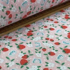 Polycotton Fabric Red Strawberries & Butterfly Floral Dress Material 45", Pink