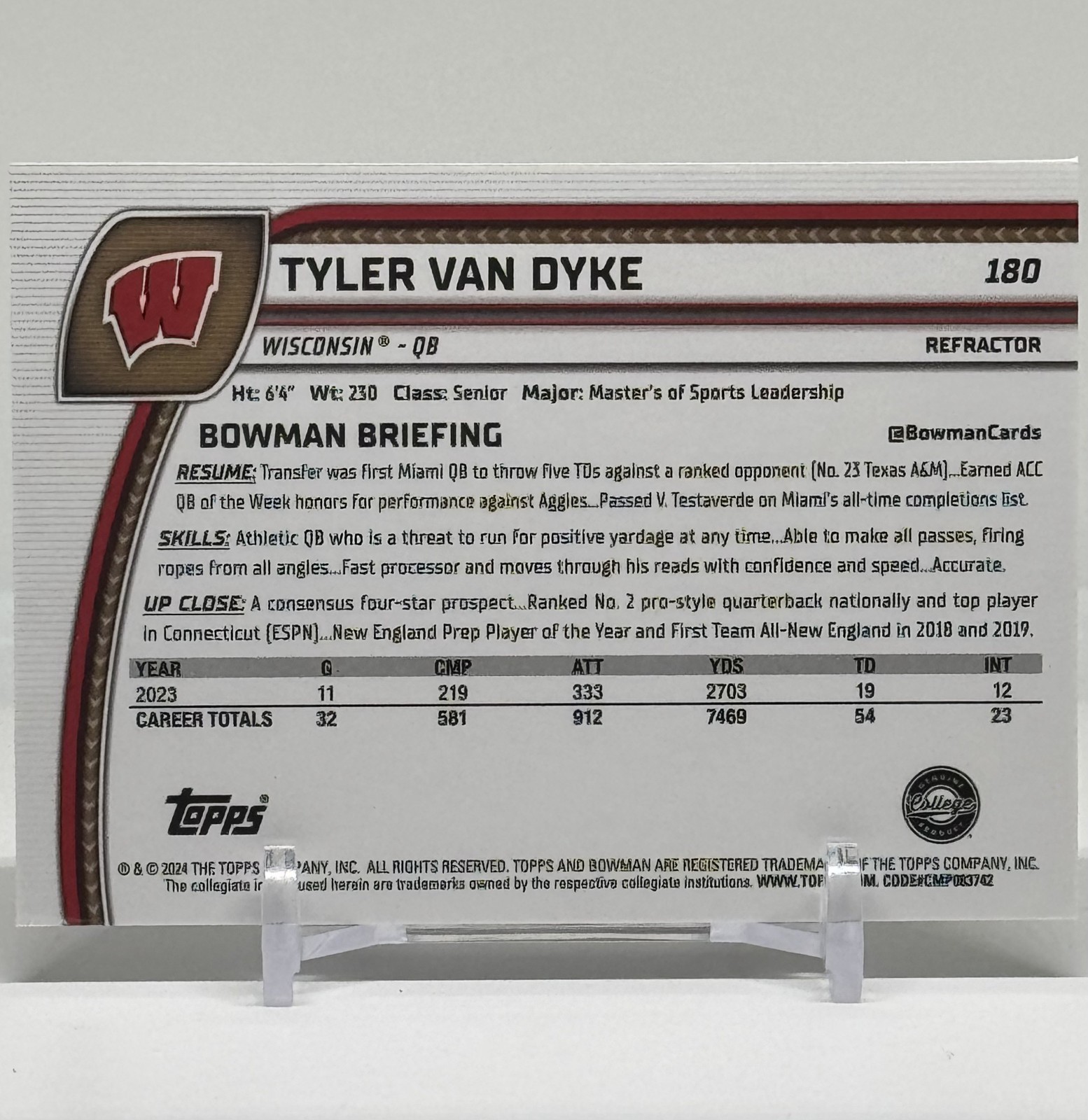 2024 Bowman Chrome University Tyler Van Dyke Refractor #180 Wisconsin thumbnail 3