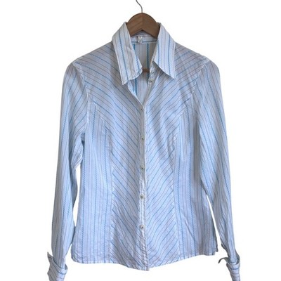 Escada Womens Striped Zigzag Button Down Shirt Size 40 White Blue Long Sleeve