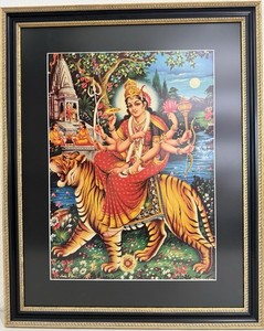 Framed Hindu Deity Durga w/her Tiger Devotional Art Print – Tiger – Black & Gold