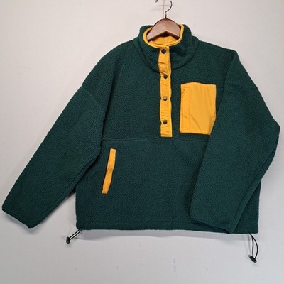 Wilo The Label Cozy Fleece Pullover Boxy Button Medium Green Gold Anthropologie
