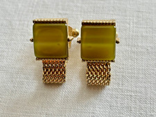 Signed SWANK Mesh Wrap Cufflinks Green Moonglow Stone Mid-Century Gold-Plated