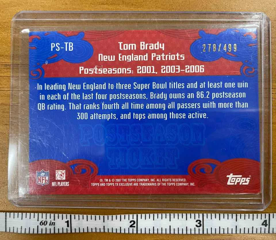 Tom Brady Topps Postseason Ticket 2007 American Football Conf. Blue 278/499 - Image 2 of 2