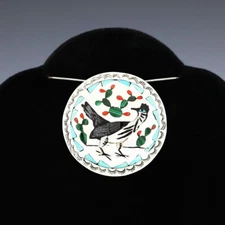 NATIVE AMERICAN ZUNI INLAY ROADRUNNER PENDANT BY QUINTIN QUAM