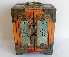Chinese Jewellery Box / Chinese Table Top Cabinet. Jade Panels - Hard Wood 
