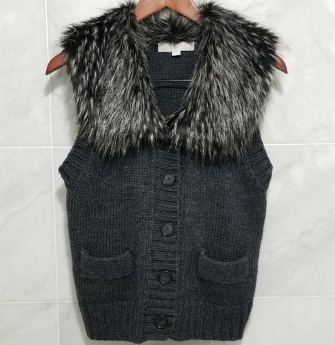 Loft Grey Sweater Vest Faux Fur Collar 