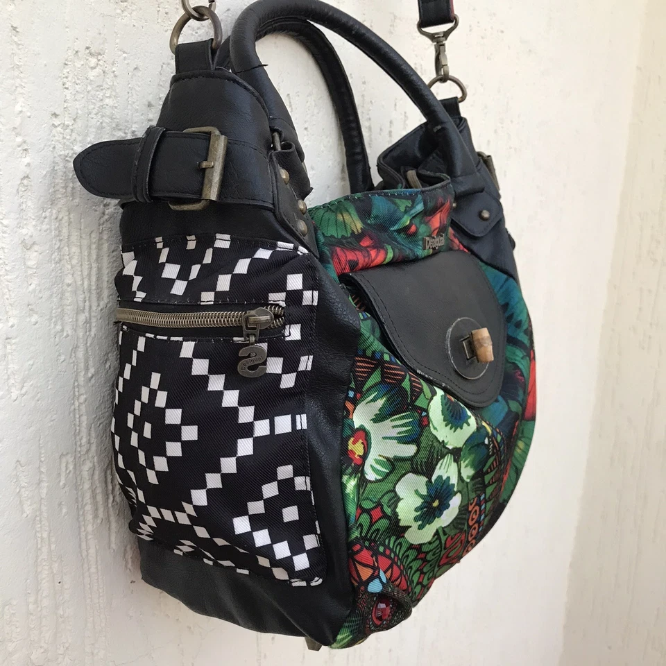Auténtico bolso de hombro de cuero de lona floral Desigual para mujer Foto 3 de 4