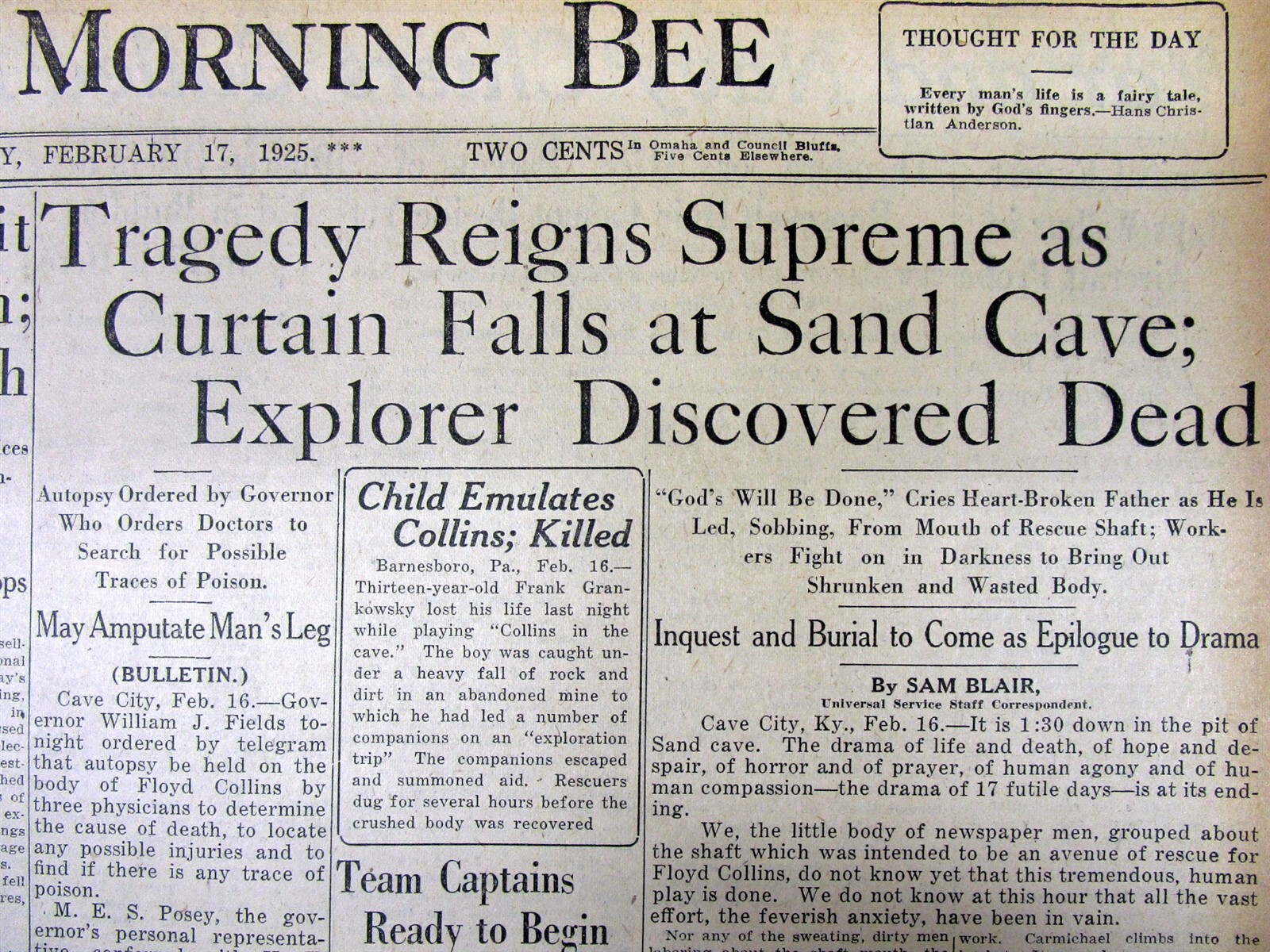 1925 headline newspaper Cave explorer FLOYD COLLINS DIES in SAND CAVE