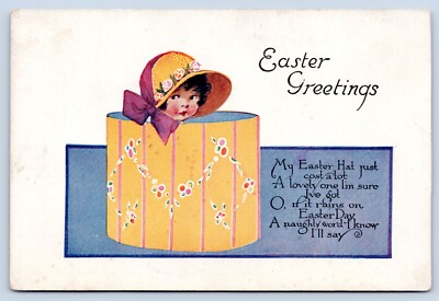 c1920 Easter Greetings Postcard- Girl in Hat Box-Funny Poem, Raining on Easter